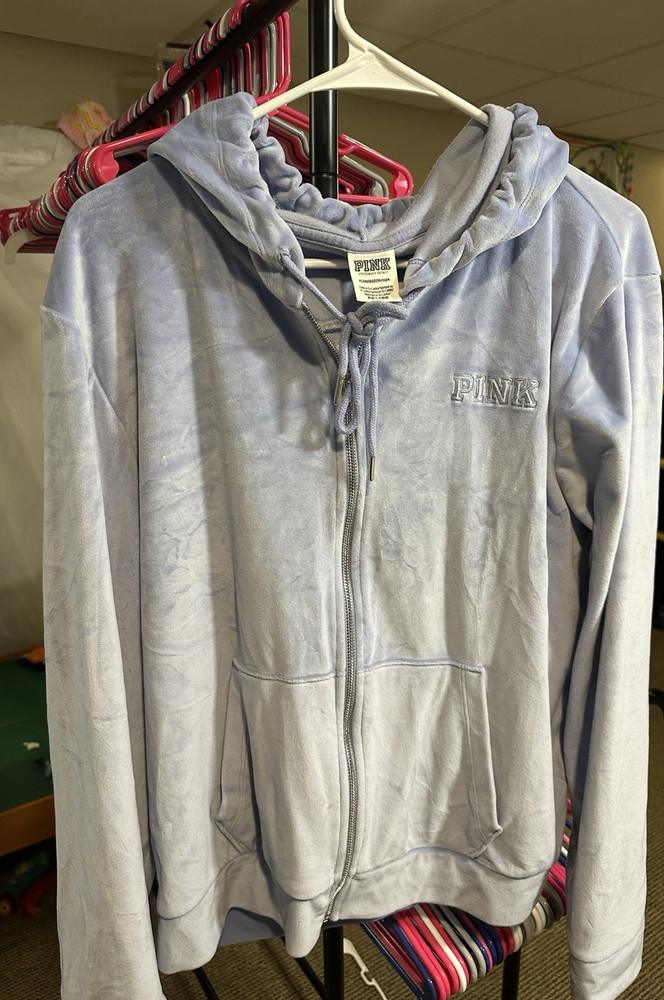 Victoria's Secret PINK Women's Light Blue Velour Logo Full Zip Hoodie XL