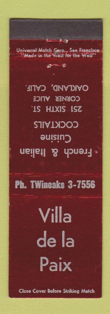 Matchbook Cover - Villa de la Paix Oakland CA
