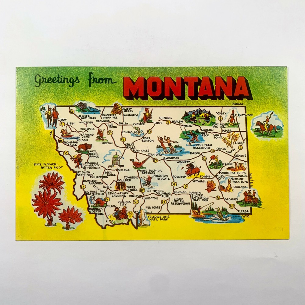 Postcard Montana MT Map Landmark Cartoon 1960s Chrome Unposted