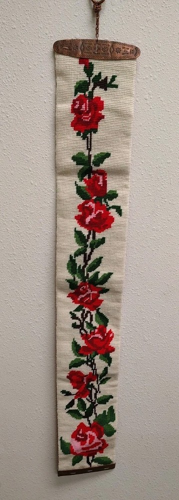Vintage Bell Pull Needlepoint Red Roses Brass Holders 33
