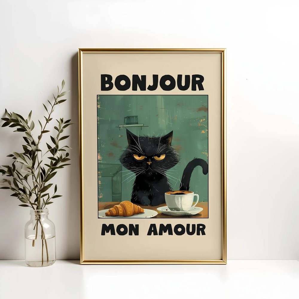 Vintage Black Cat Poster Green French Style Bonjour Wall Art Print
