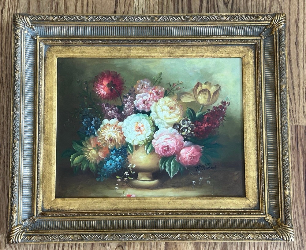 Signed Floral Still Life Oil Painting Gold Frame Hand Painted Wall Art