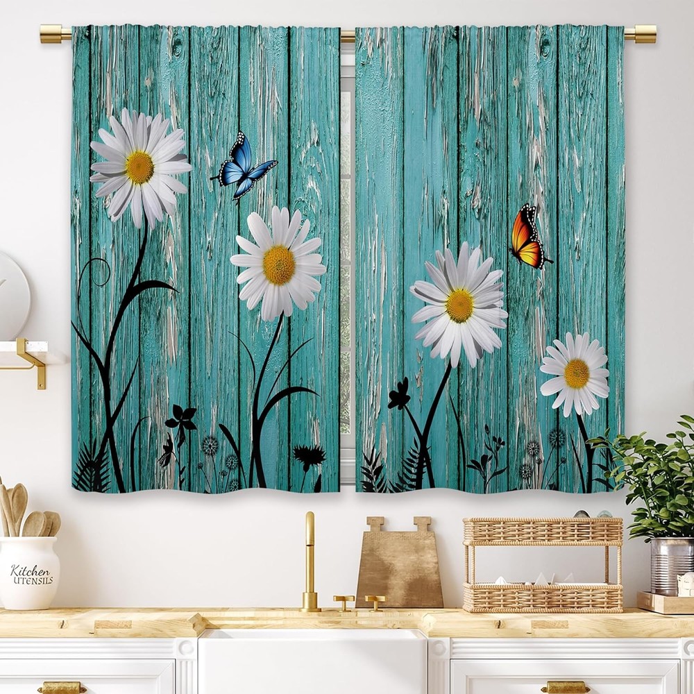 Farmhouse Teal Daisy Kitchen Curtains Rustic Wooden Country Small Short Cafe Wi
