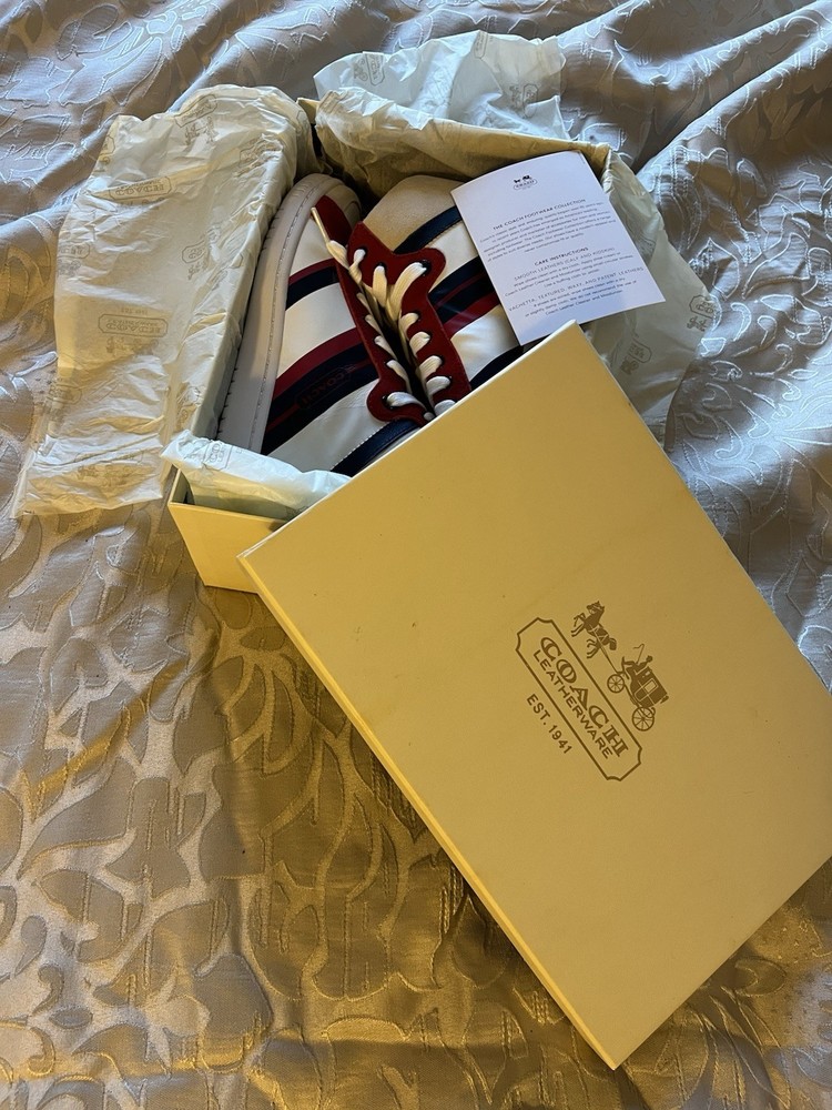 Authentic COACH Shoes Evelyn Calf Suede Size 7 Women's White/Navy/Red