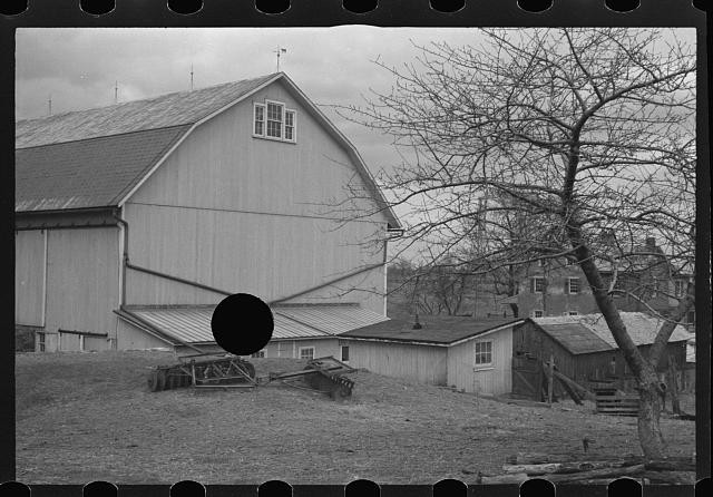 Photo:1930s Rural Barn Farm Buildings Tree Black and White Photograph