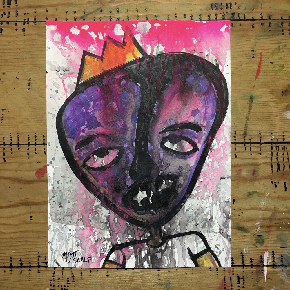 Matt Scalf 9x12 ORIGINAL PAINTING Face Abstract Alien Graffiti Character Crown