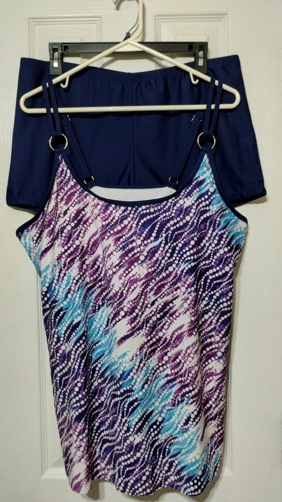 Purple Blue White Abstract Tankini Set 3XL Adjustable Straps Women's
