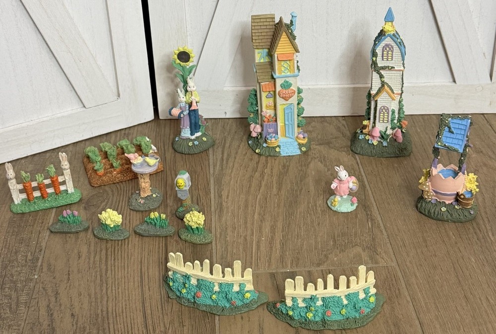 Vintage Happy Hollow Easter Village Ceramic Green Grocer's House Bunnies Carrots
