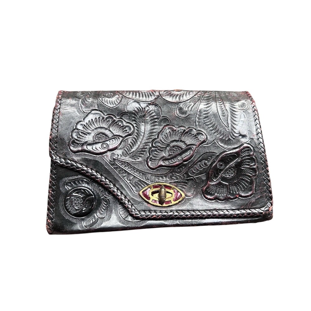 Vintage 1940's Red Hand Tooled Embossed Leather Handbag Purse