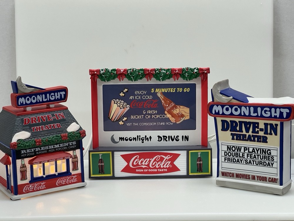 COCA COLA Town Square 3-Piece Collector Set Moonlight Drive-In Theater Mint