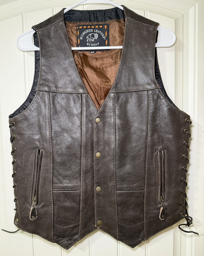 Milwaukee Leather by SHAF Men’s Brown Leather Vest Size 38 Lace Side Biker