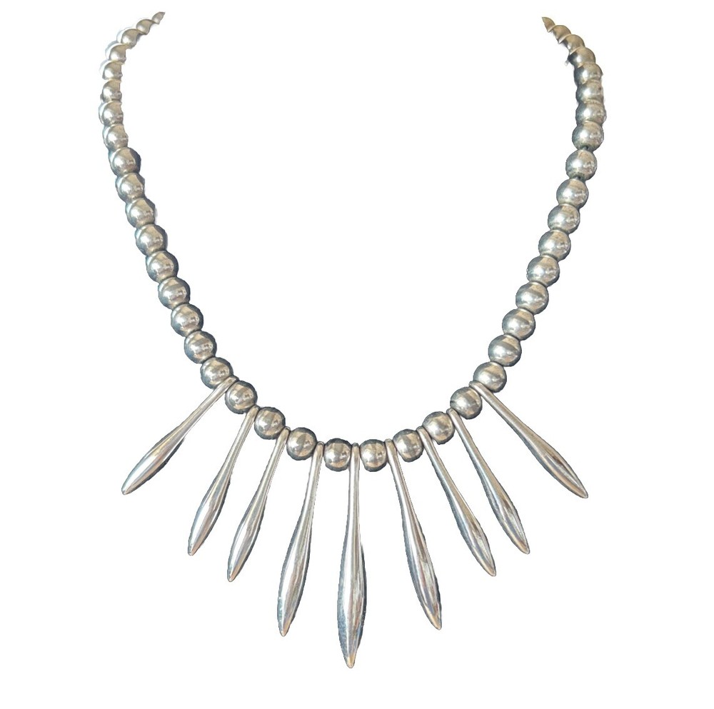 Spiky Vintage Silver Tone Necklace Beaded and Bar Choker Retro Fringe 18” Read