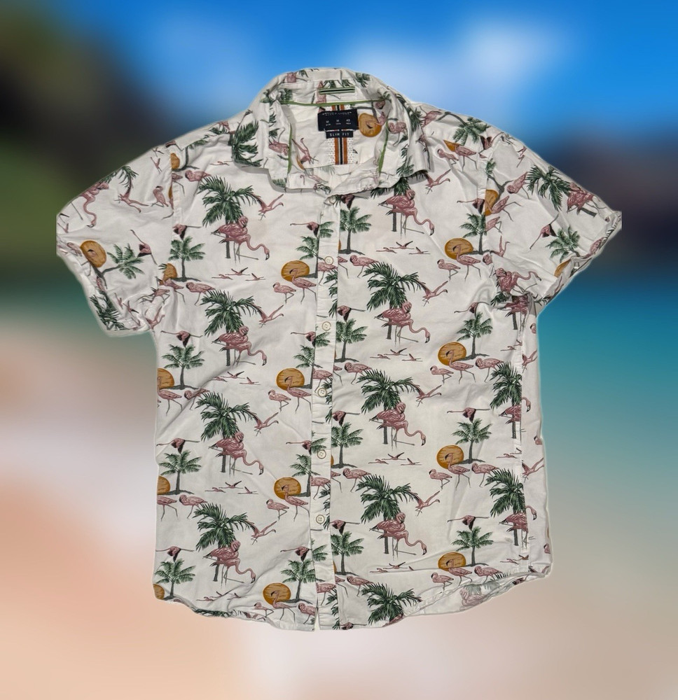 Denim & Flower Ricky Singh Men’s Size Medium Flamingo Button-Up Short Sleeve