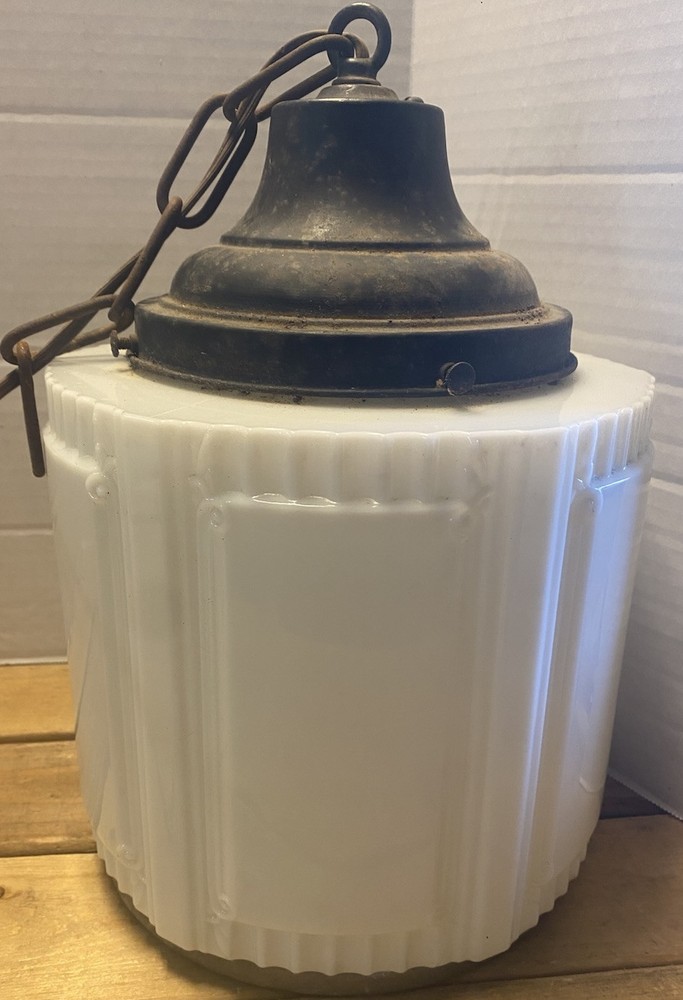 1930s Art Deco MCM Skyscraper Milk Glass Clear Pendant Light Fixture