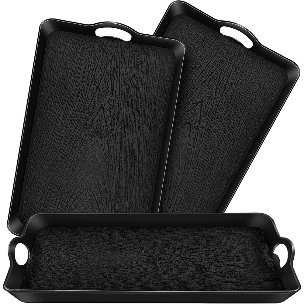 3 Pack Black Plastic Serving Trays with Handles 20.5x13.4 Inch Large Rectangular Serving Platter