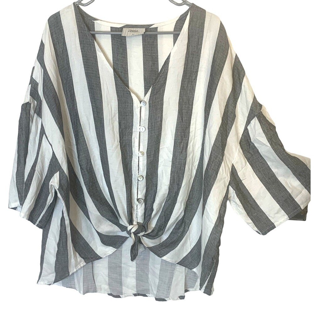 French Laundry Boyfriend Shirt 2X Gray White Stripe Button Up V Neck Lagenlook