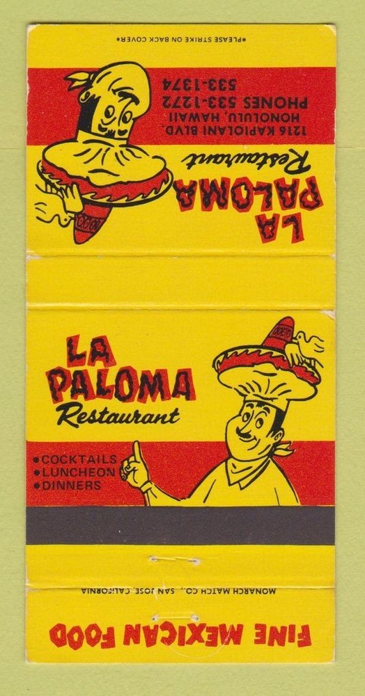 Matchbook Cover - La Paloma Restaurant Honolulu Hawaii Mexican 30 Strike