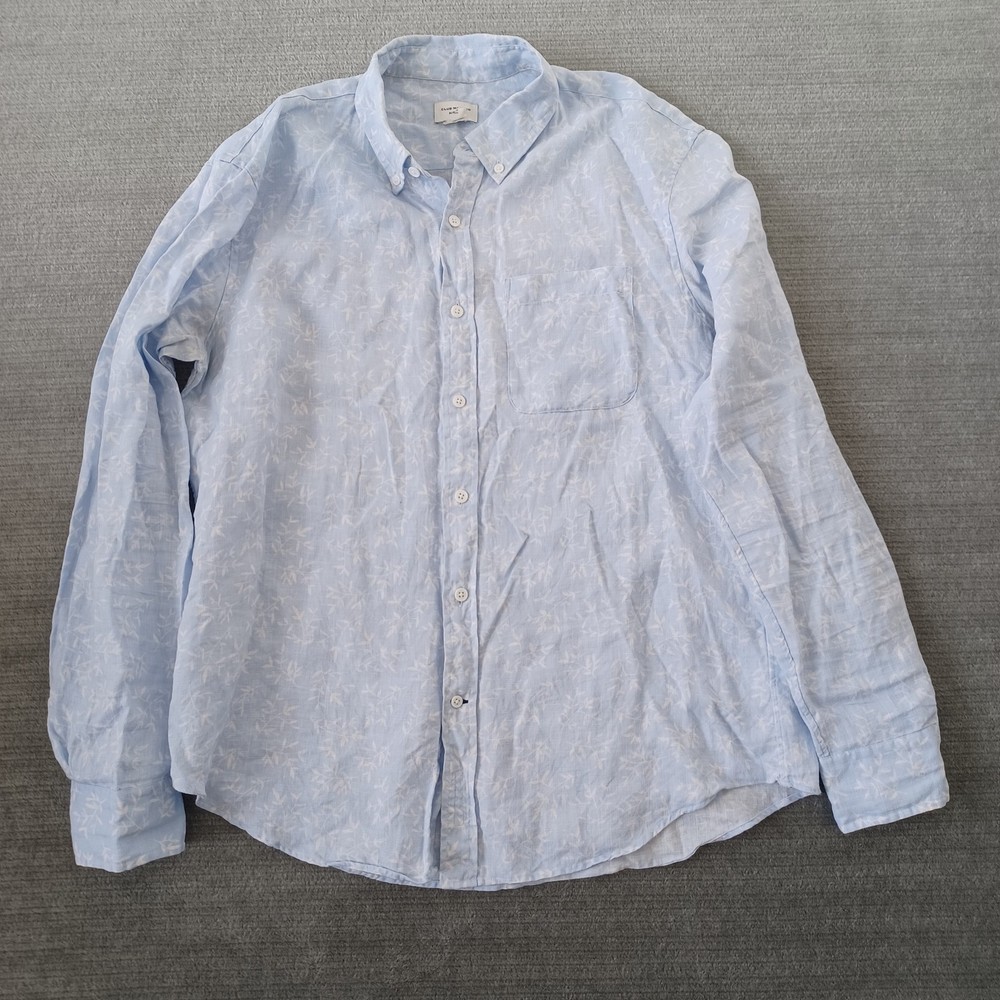 Club Monaco Linen Shirt Mens L Blue Floral Print Button Down Lightweight Resort