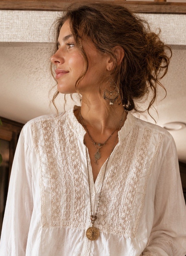 Vintage Boho Crochet Lace Trim Peasant Blouse Top Cream Romantic Cottagecore XL