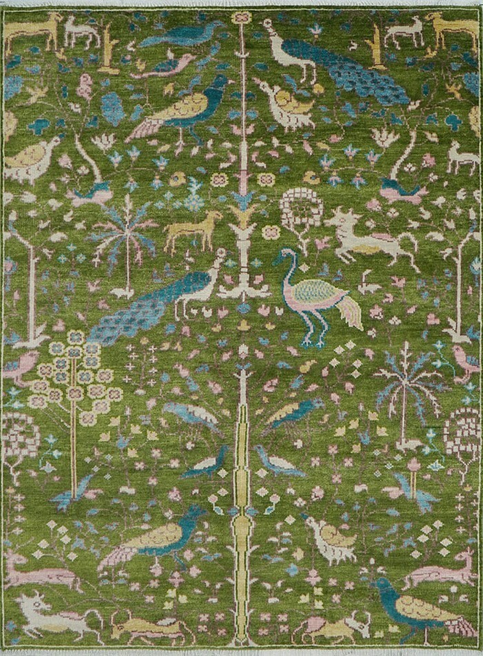 The Green Peacock Garden Wool Rug Hand Knotted Area Rug Teal & Peach Accents