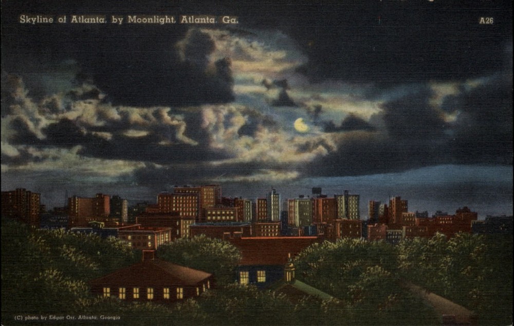 Atlanta Georgia aerial night view moon ~ 1940s linen postcard