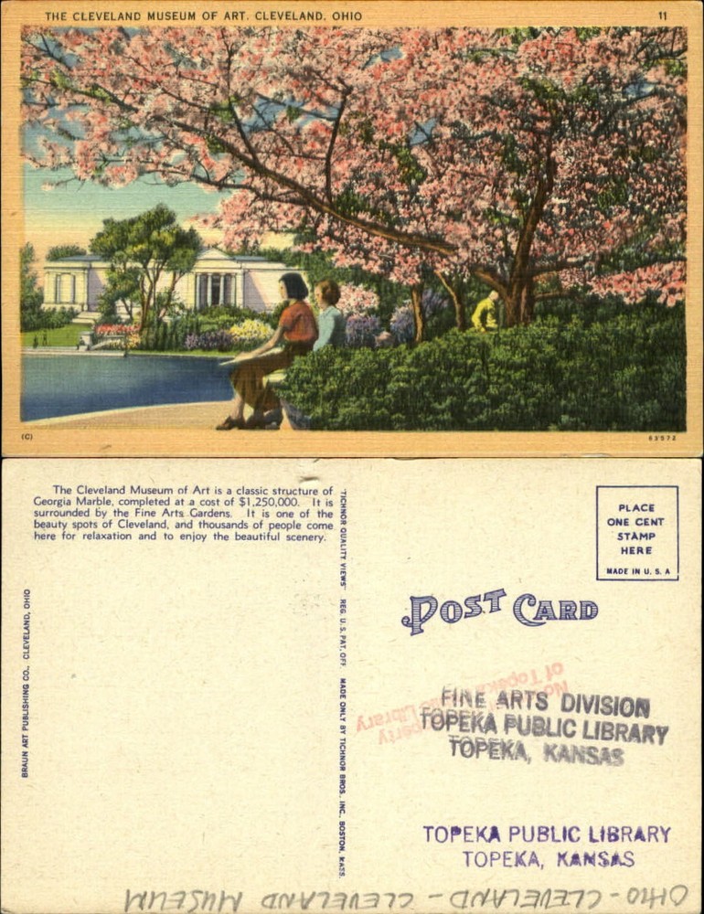 Cleveland Museum of Art ~pink tree blossoms~Fine Arts Gardens~Ohio~1940s linen