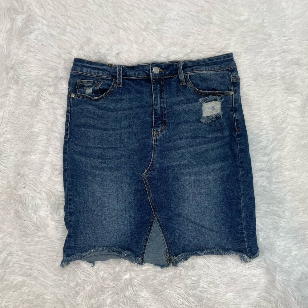 Judy Blue High Rise Midi Denim Skirt Women’s Size XL Blue Jean Distressed Pencil