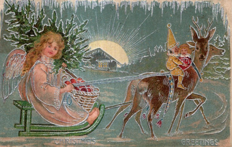 ANTIQUE CHRISTMAS Postcard   SILVER ACCENT  -  REINDEER PULLING ANGEL ON SLED-image