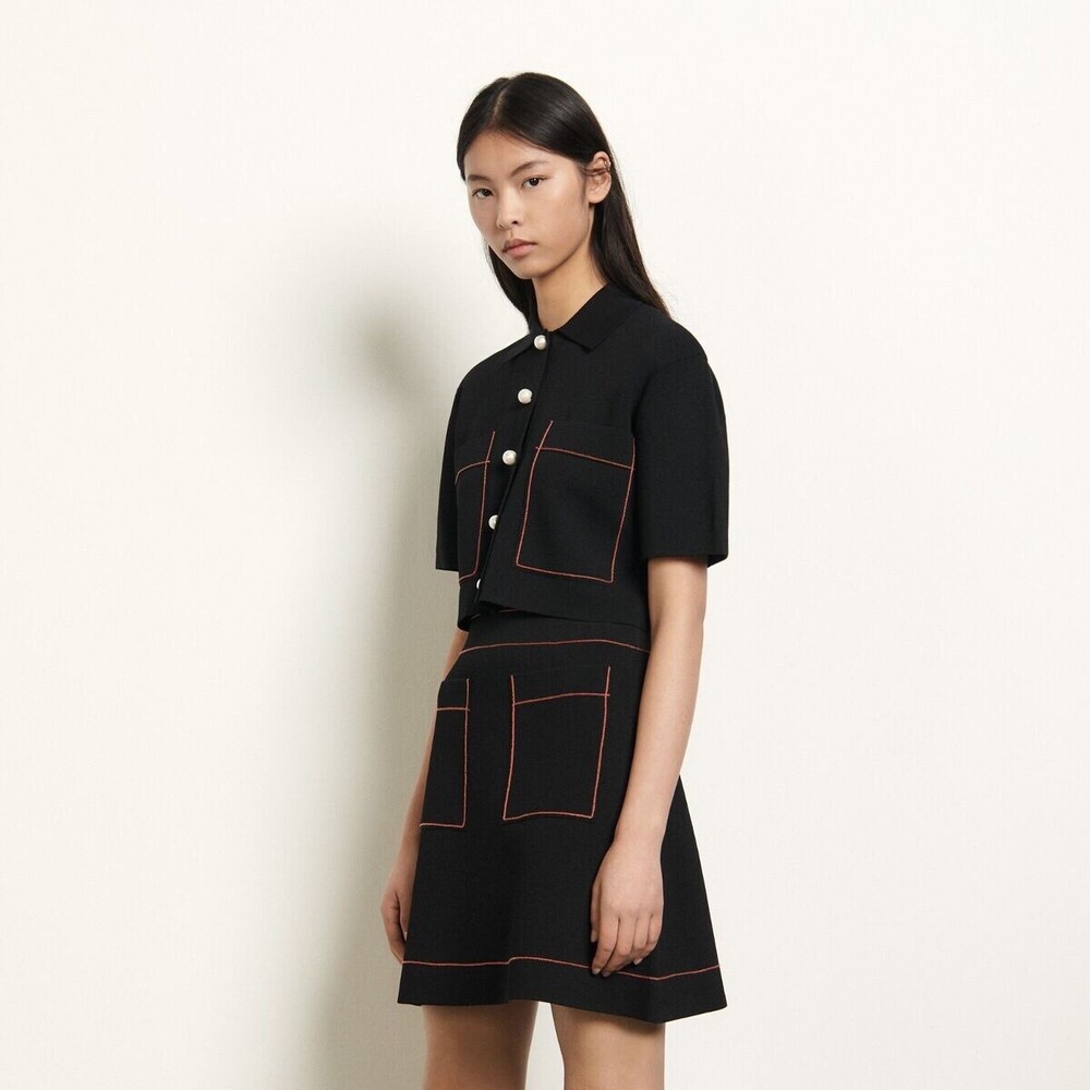 Sandro Paris Skirt Size 1 Black Crepe Knit A Line Corporate Work Office