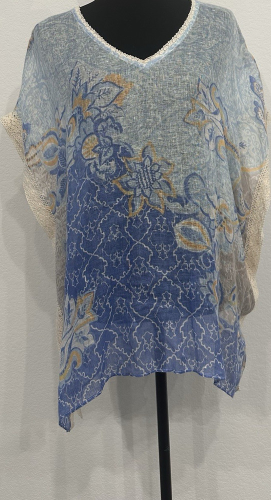 Chico's Women's Blue Beige Floral Lace Accent Linen Tunic Blouse S/M