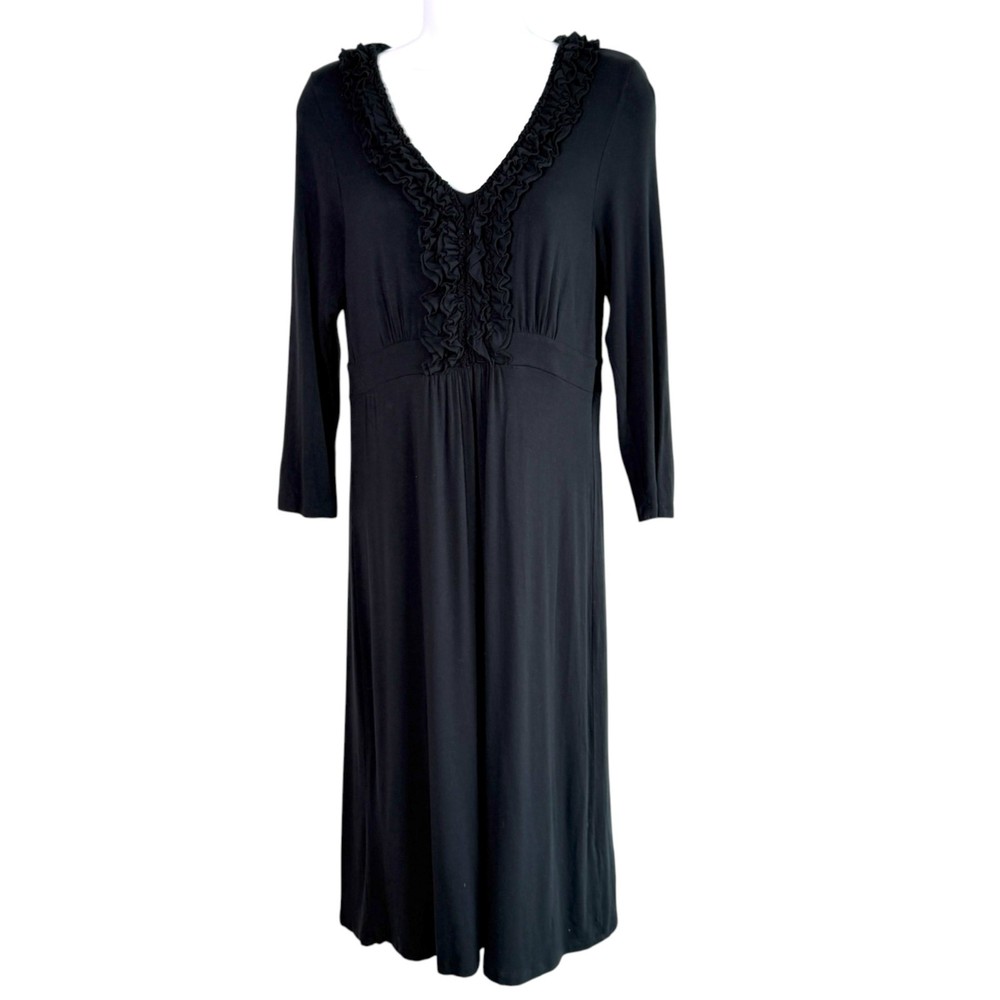 Boden Black Jersey Ruffle Neck Midi Dress Size 12 Versatile Minimalist Corporate