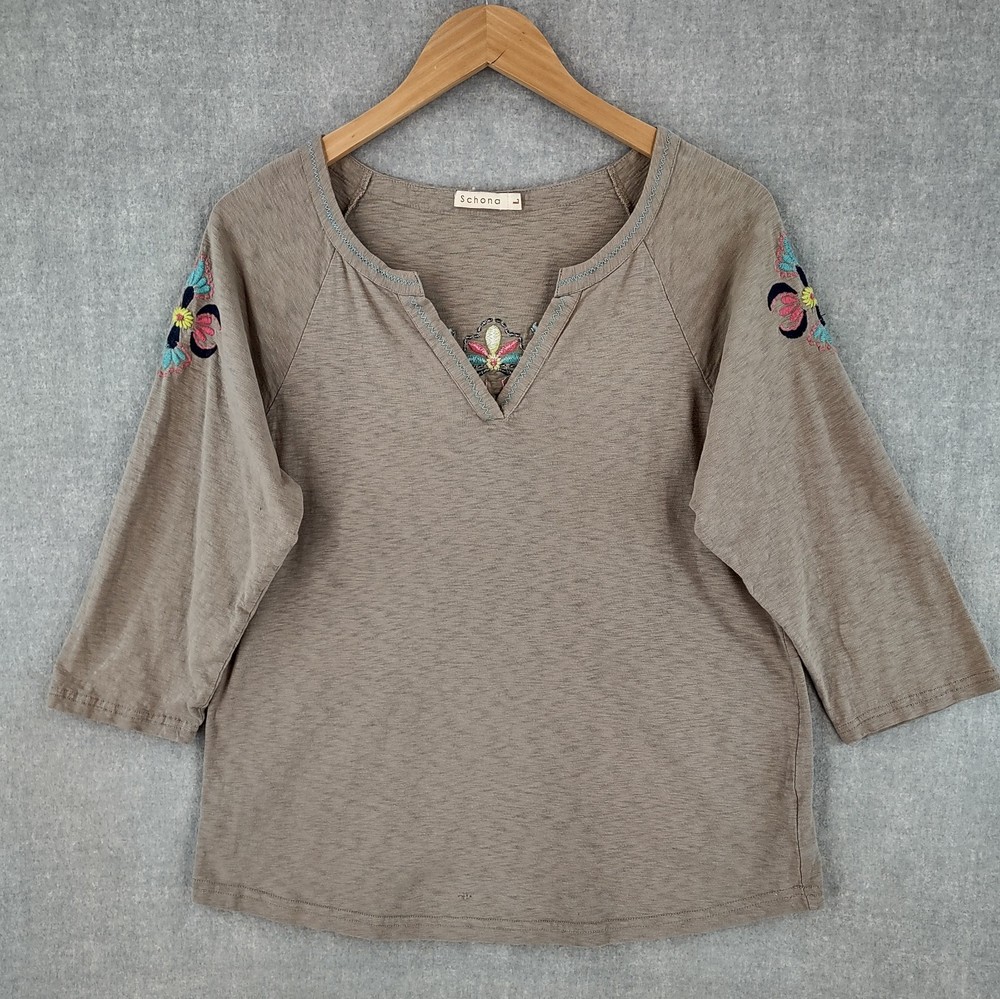 Schona Top Womens Large Bohemian Embroidered Woven Slub Cotton 3/4 Sleeve