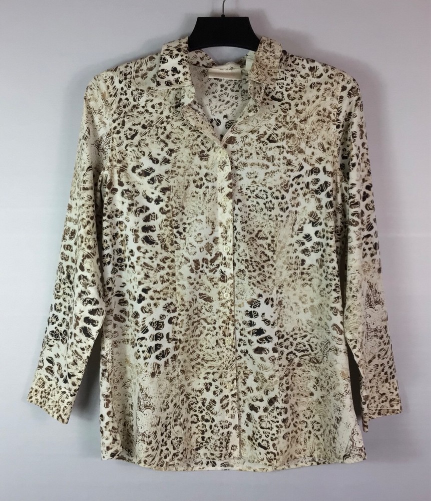 Chico's Shirt Womens Size 0 White Brown Animal No Iron Button Up Long Sleeves