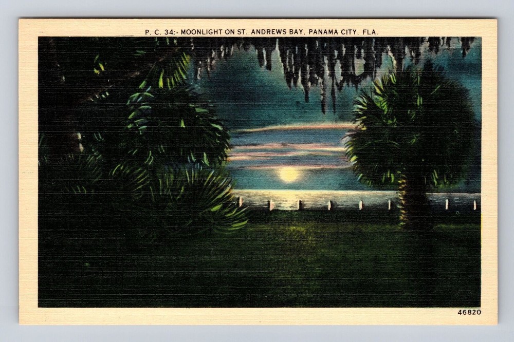 Panama City FL-Florida, Moonlight on St Andrews Bay, Vintage Souvenir Postcard