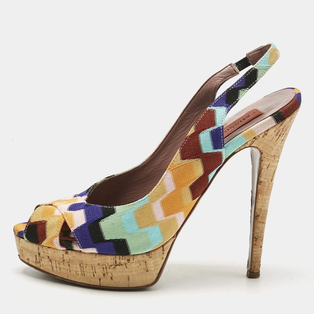 Missoni Multicolor Knit Fabric Platform Peep Toe Slingback Sandals Size 39