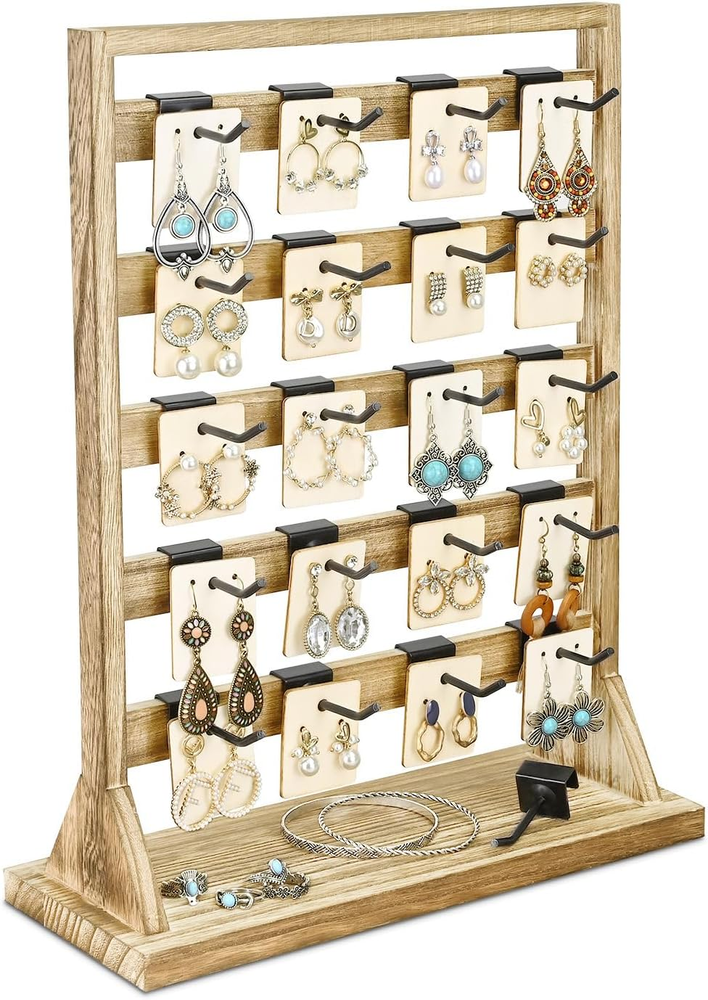 Free Assemble Wooden Jewelry Display Rack with 20 Removable Metal Hooks, Earring