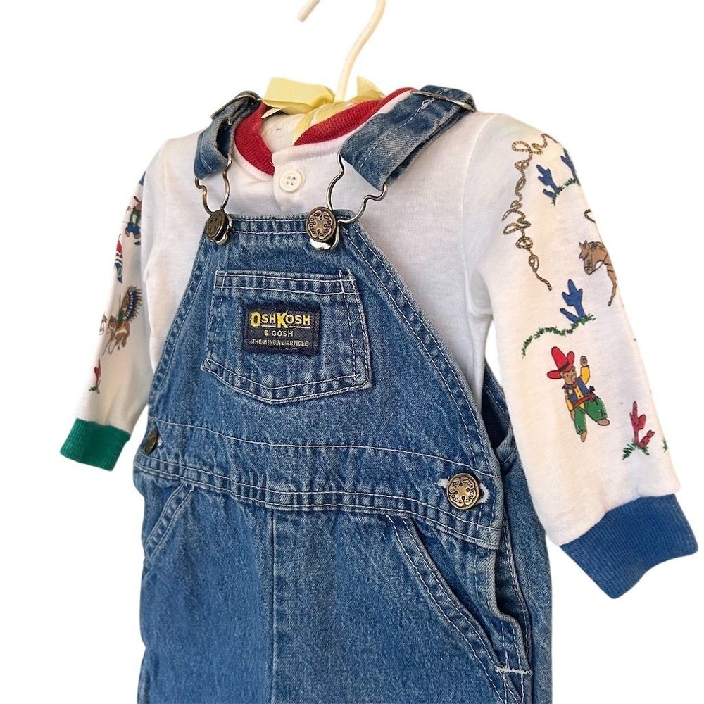 VTG 80s OshKosh B’Gosh Baby Western Cowboy Wild West Denim Overalls Outfit 6 Mo