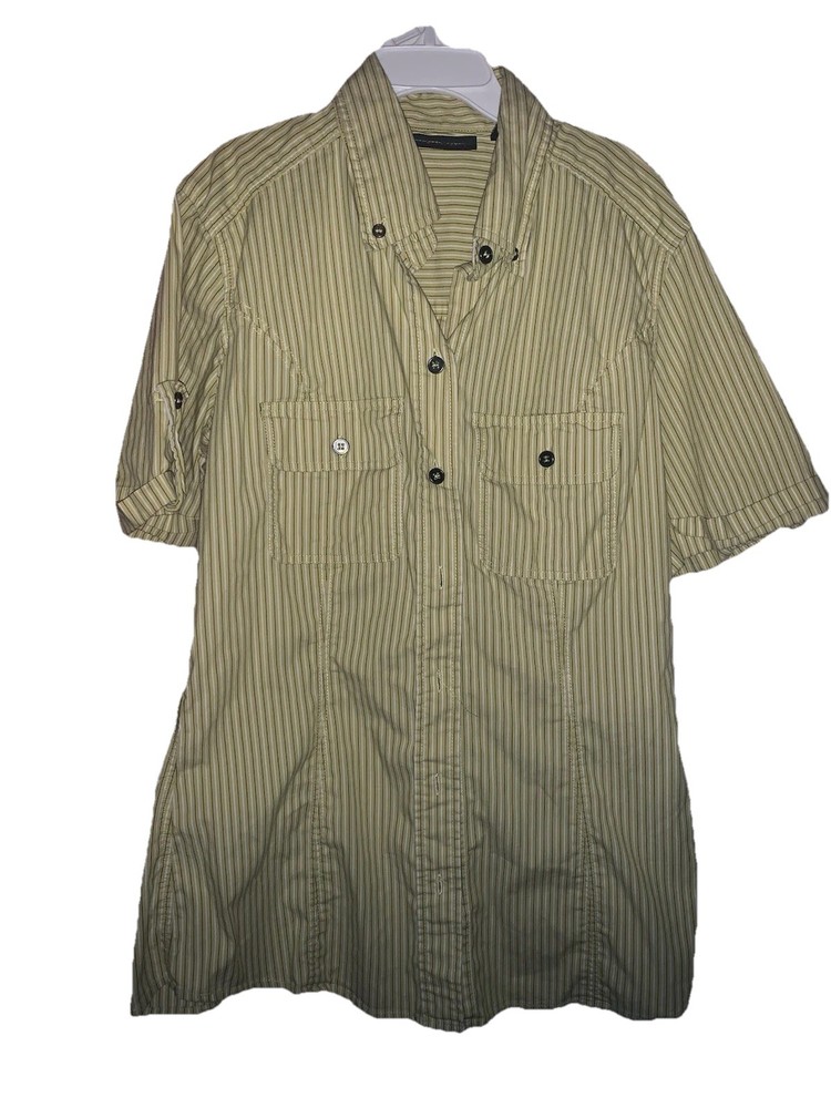 New York & Company Yellow Striped Button Up Fitted Top