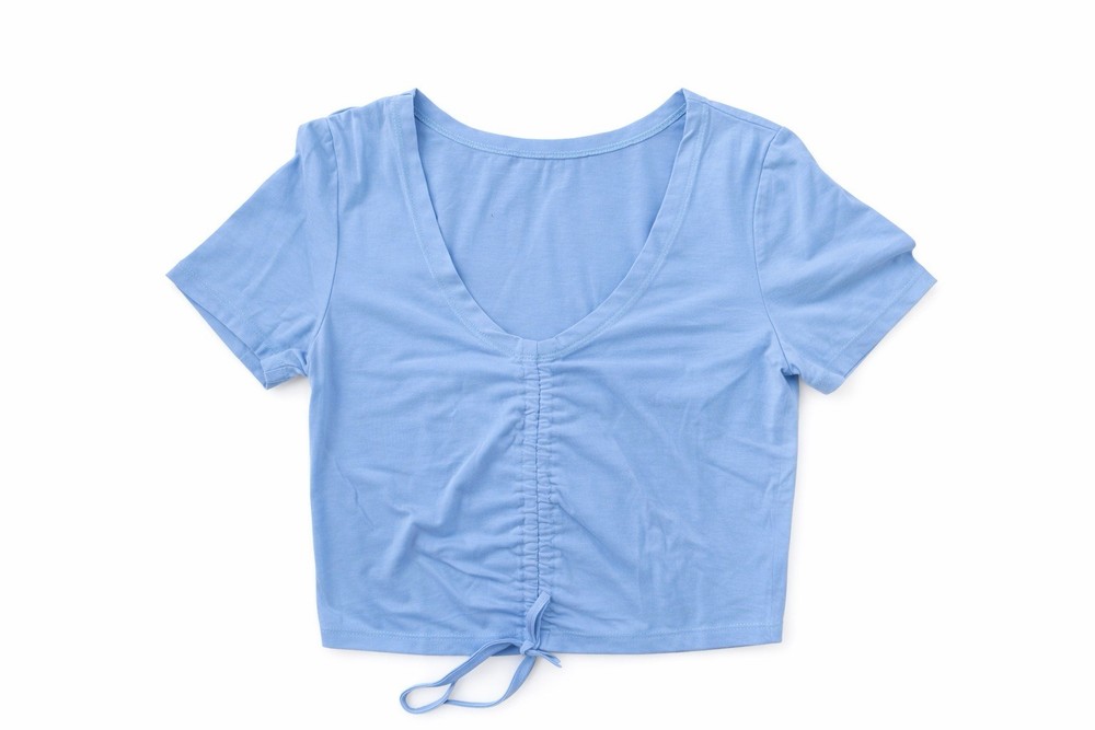 Y2K Blue Ruched Tie Front Crop Top V Neck Short Sleeve Baby Tee XS