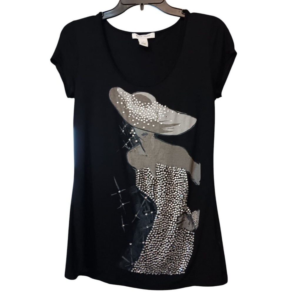 WHBM Beaded Top Shirt Size Small Stretchy Shiny Bling Art to Wear Black Silver