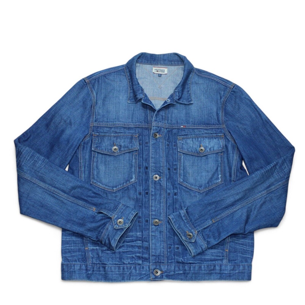 Tommy Hilfiger Denim Jacket Mens Slim Fit Large Vintage Biker Trucker Blue