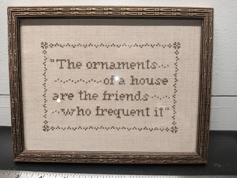 Vtg Antique Framed Quote Embroidery Cross-stitch Print Picture