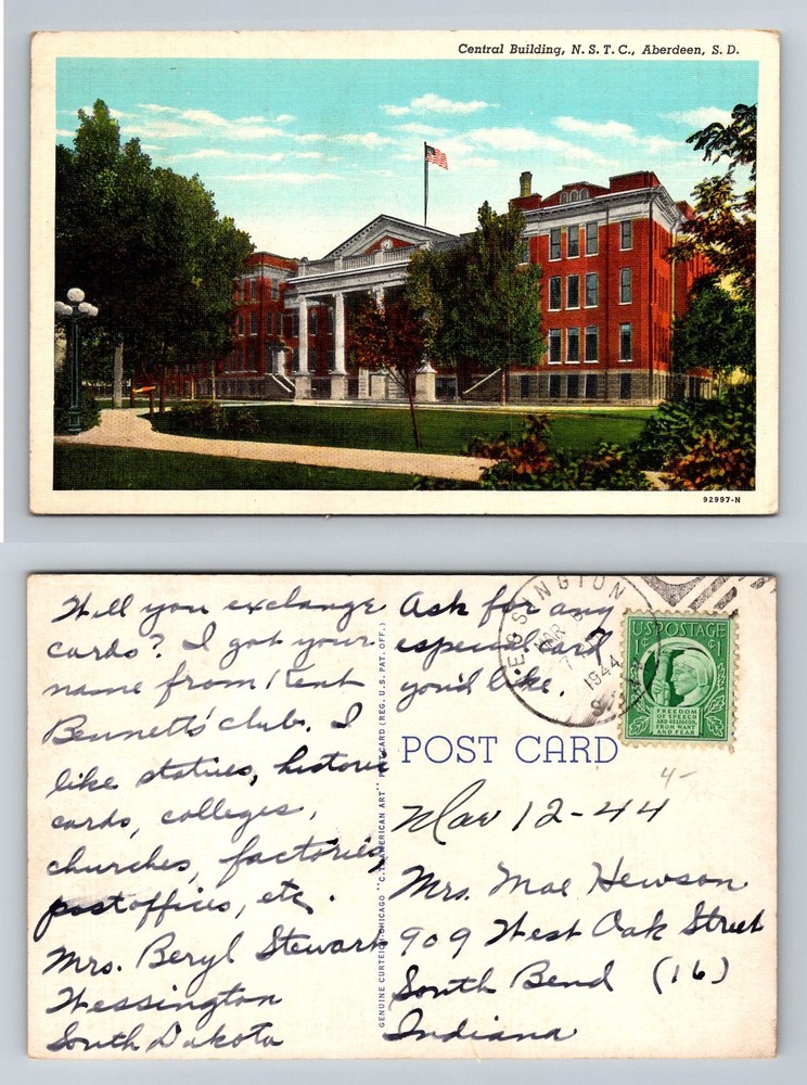 Aberdeen, SD-South Dakota, Central Building NSTC College Vintage c1944 Postcard