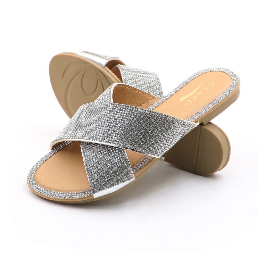 Glaze Women's Cross Strap Rhinestone Slip On Flat Sandals