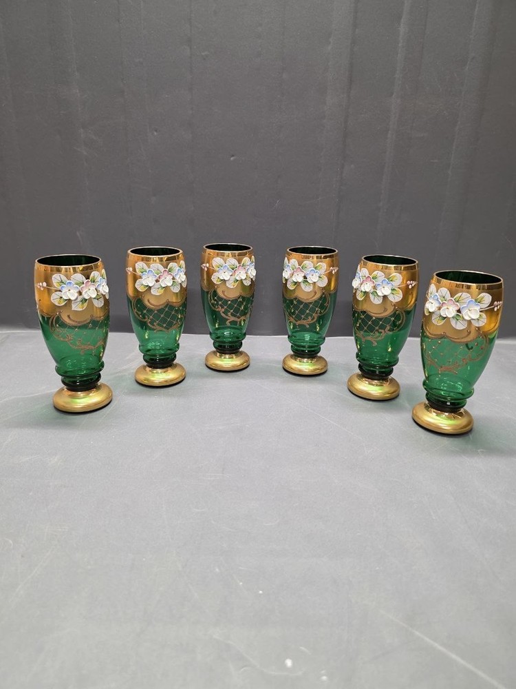 Set of 6 Green & Gold Hand-Painted Bohemian Style Glasses Floral Enamel Gold...