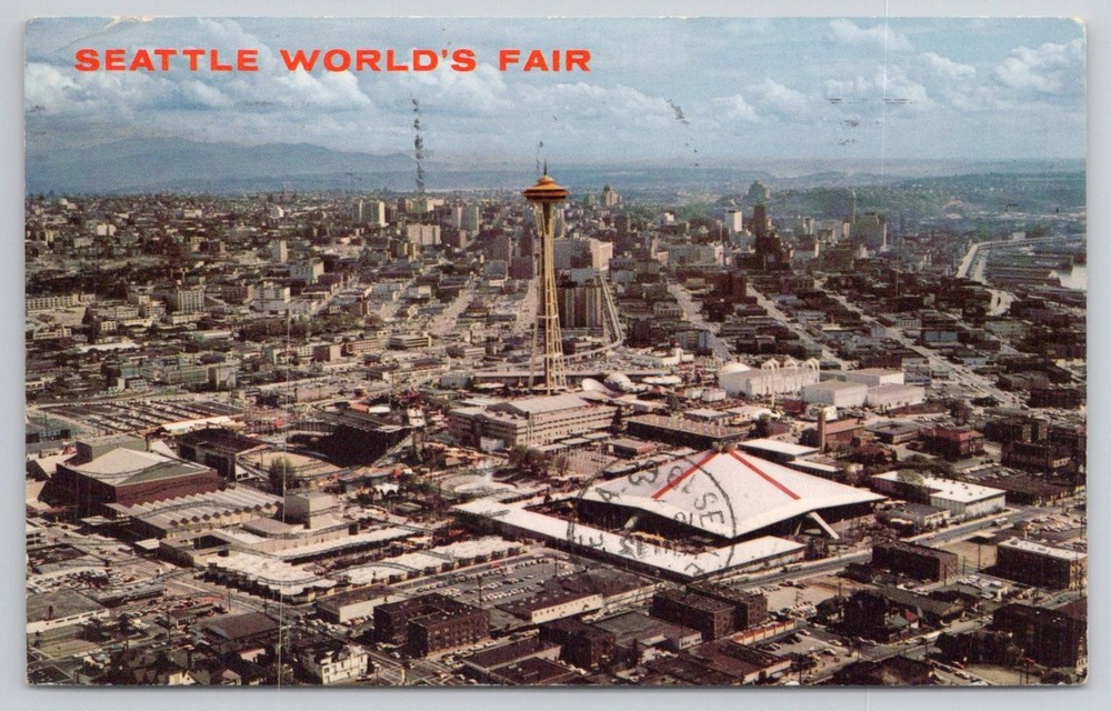 1962 Seattle World's Fair Space Needle Aerial View Chrome Postcard