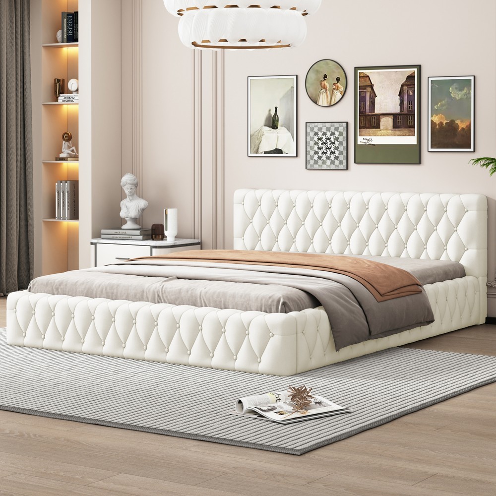 Queen Size Velvet Upholstered Platform Bed, with Luxurious Diamond Grid Headboar