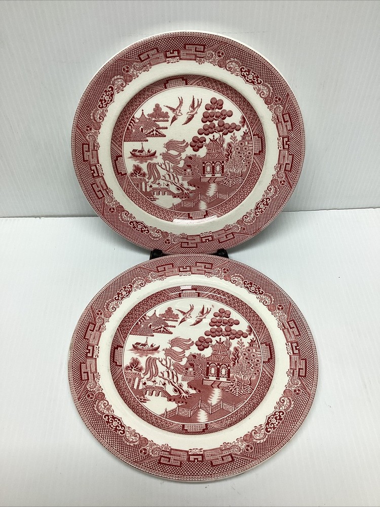 Set of 2 Vintage Johnson Bros Pink Willow Red Rosa Dinner Plates~England~10-1/4”