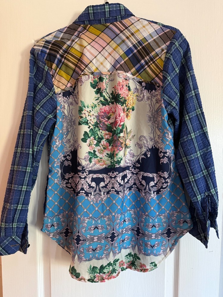 Aratta Silent Journey Designer Blue Plaid Floral Button Down Long Sleeve Top S