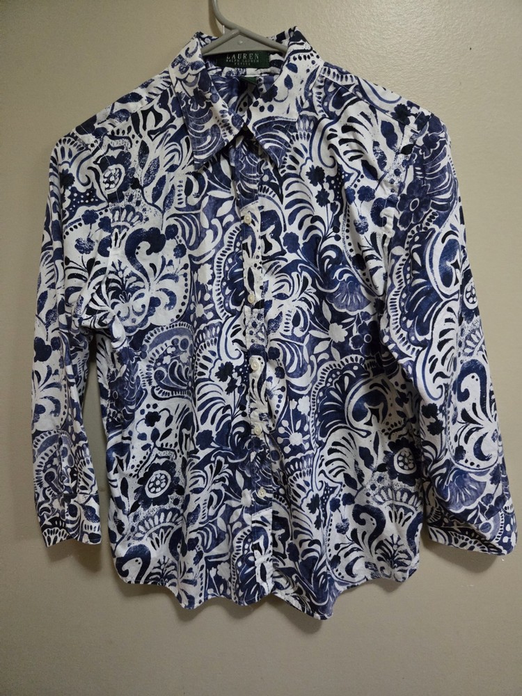 Lauren Ralph Lauren Women's Petite Medium Button-Up Shirt, 3/4 Sleeves, Blue